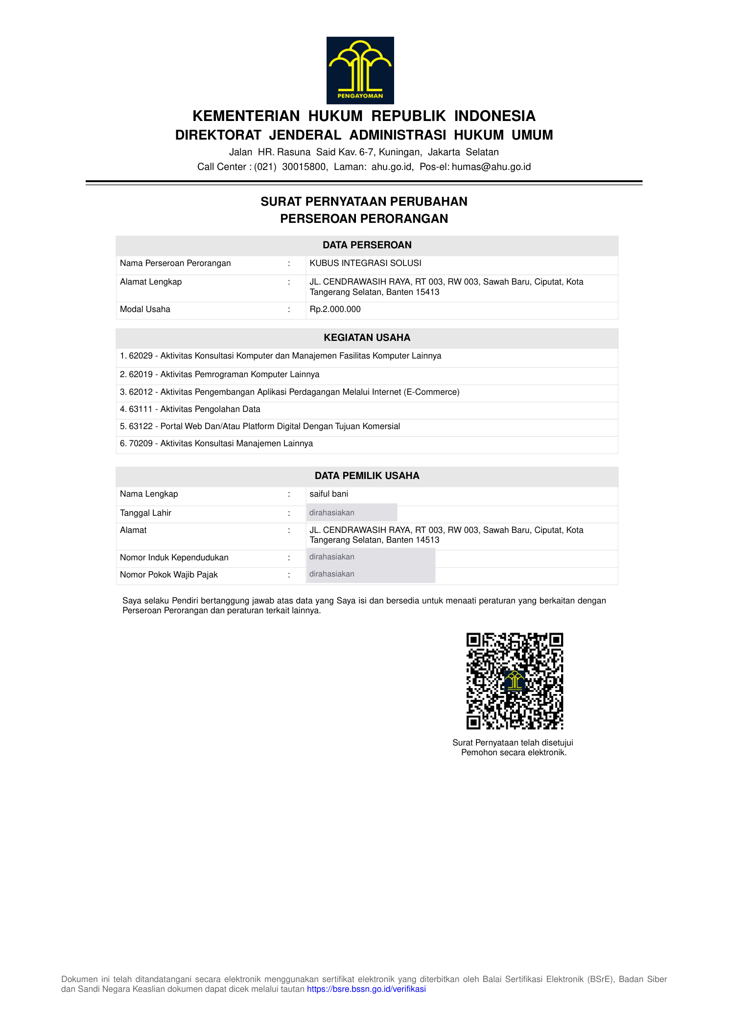 Surat Pernyataan Perubahan Perseroan Perorangan dari Kementerian Hukum Republik Indonesia