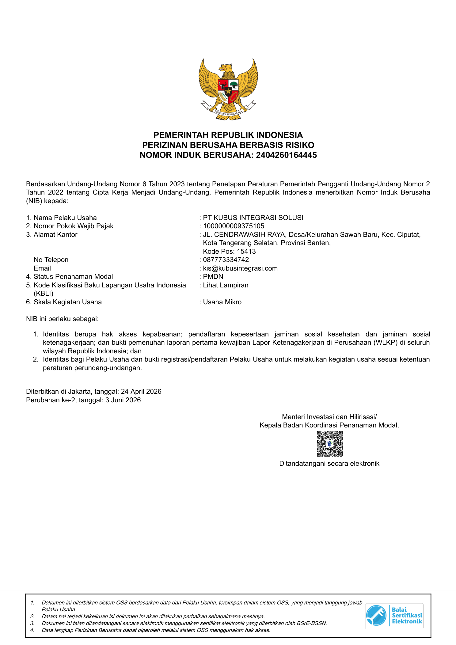 Nomor Induk Berusaha PT Kubus Integrasi Solusi, halaman 1